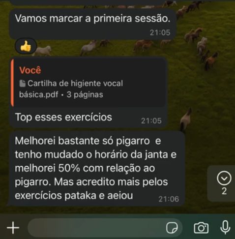 Conversa de WhatsApp: aluno relata melhora no pigarro e na voz após os exercícios.