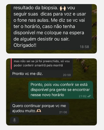 Conversa de WhatsApp: aluno agradece e diz querer continuar o acompanhamento.